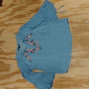 #171. Sharagano blue striped embroidered blouse size small